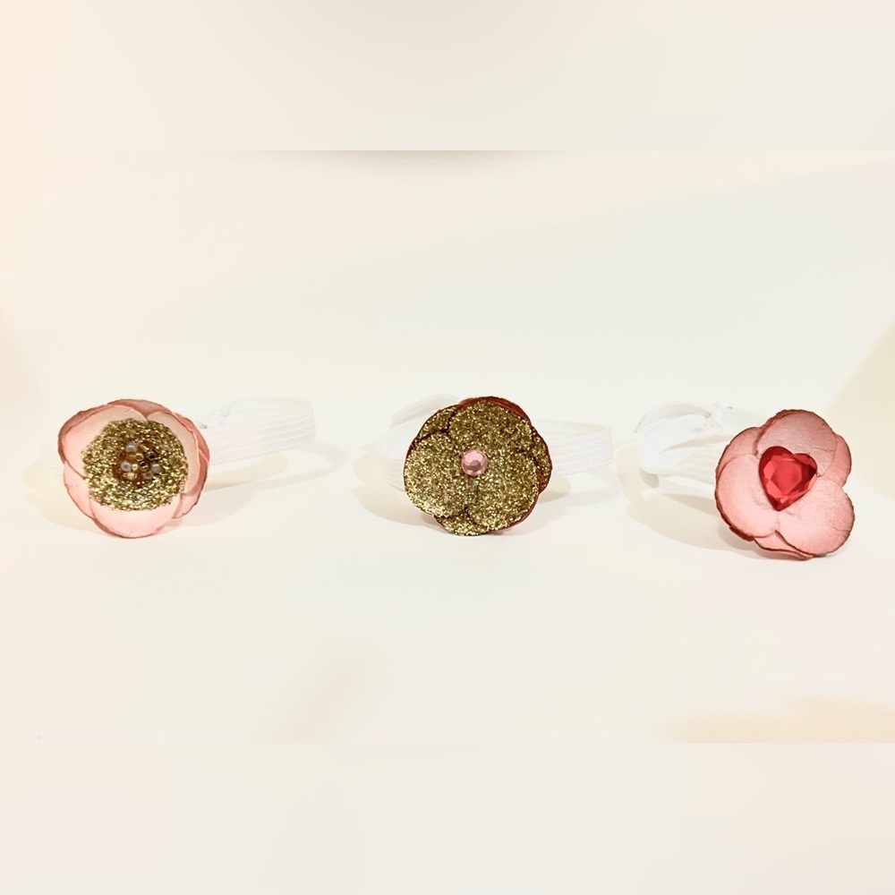 Floral set of pink bejeweled hair tie accessories with white band